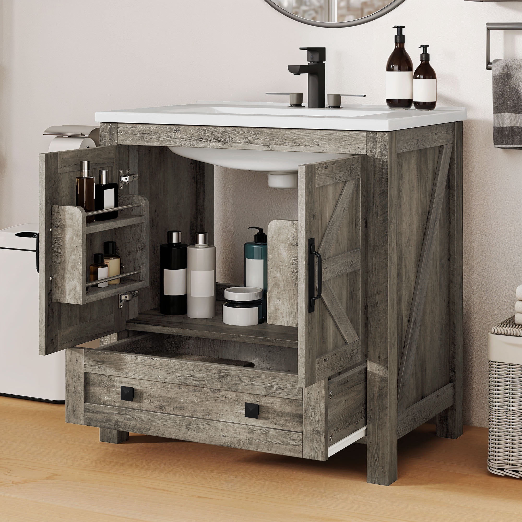 Dextrus 30" Bathroom vanity with Sink Top, Farmhouse Bathroom Storage Cabinet with Drawers, Gray