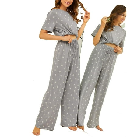 

Cute Heart Prin Round Neck Pant Sets Short Sleeve Grey Womens Pajama Sets (Women s)