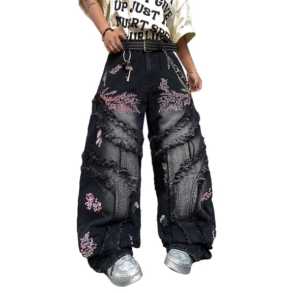 Mrmall Mens Cherry Blossom Embroidery Baggy Jeans Fringe Patchwork Wide‑Leg Denim Pants Y2K Streetwear Trousers