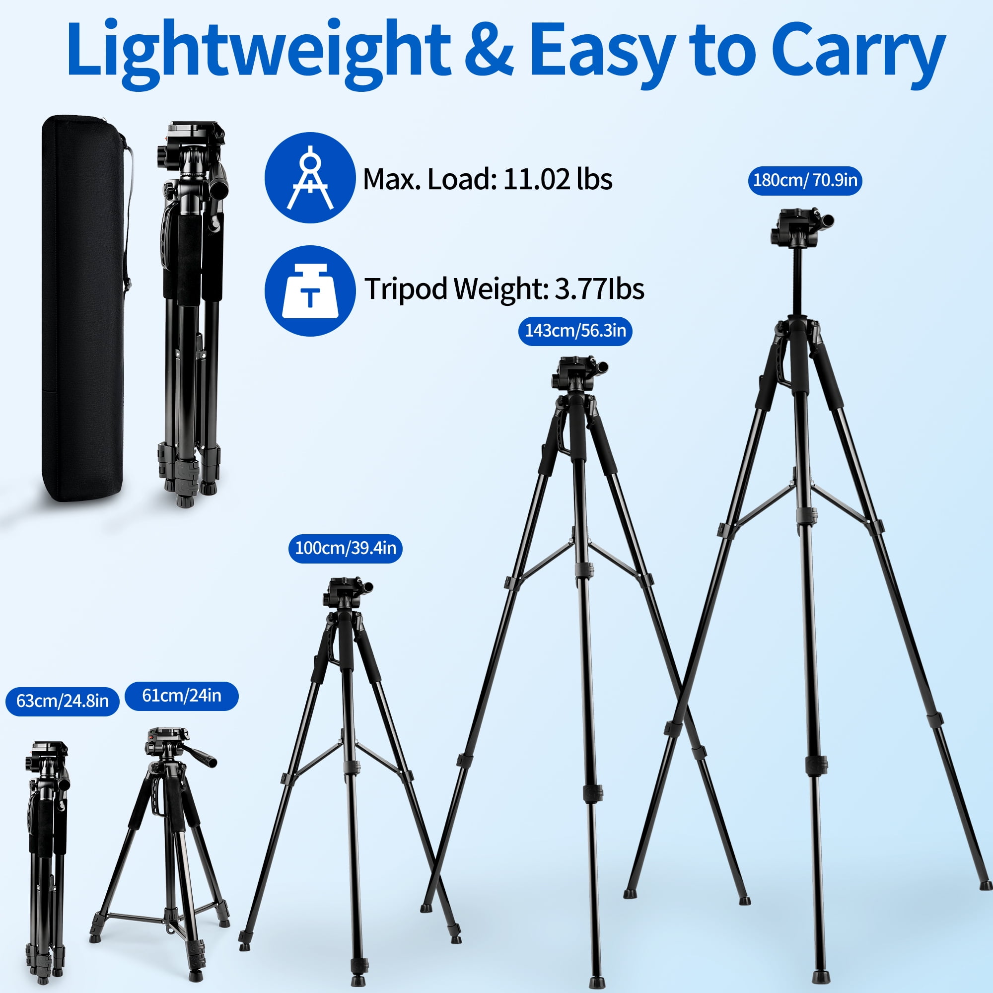 71" Camera Tripod, BUSATIA Tripod for Camera, Phone Video Recording, Heavy-Duty Camera Tripod Stand, 11lb Load Capacity, Adjustable Height from 24" to 71'', for Camera, Phone, Projector, Webcam