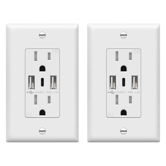 TOPGREENER USB Outlet, 3-Port Type C Wall Outlet, 15 Amp Receptacle Plug, Charging Power Outlet with USB Ports, Compatible with iPhone 15 Series & More, UL Listed, TU21536AC3-2PCS, White, 2 Pack