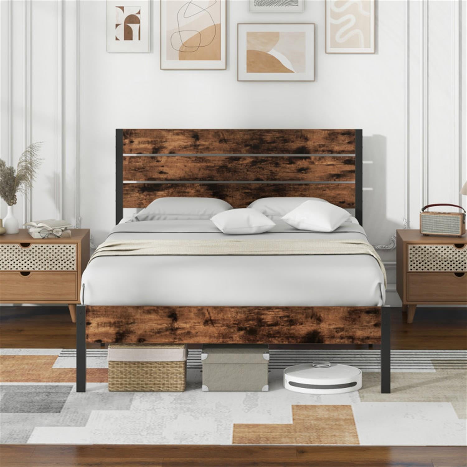 Demi Bonn Full Size Bed Frame with High Headboard and Mute Bar, Industrial Metal Platform Bed Frame with Under Bed Storage, No Box Spring Needed, Brown