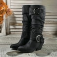 thumbnail image 4 of Slouchy Mid Calf Boots for Women Trendy Leather Pointed Toe Chunky Heel Buckle Knee High Riding Tall Boots, 4 of 5