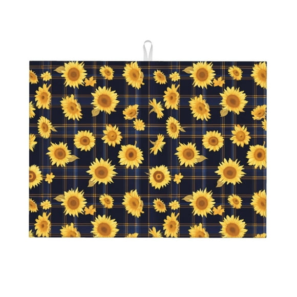 Vsdgher Royal Blue Plaid Sunflower Print Dish Drying Mat Super Absorbent Drying Mat Large Dish Drying Mats for Kitchen Counter Kitchen Drying Mat 24" x 18"