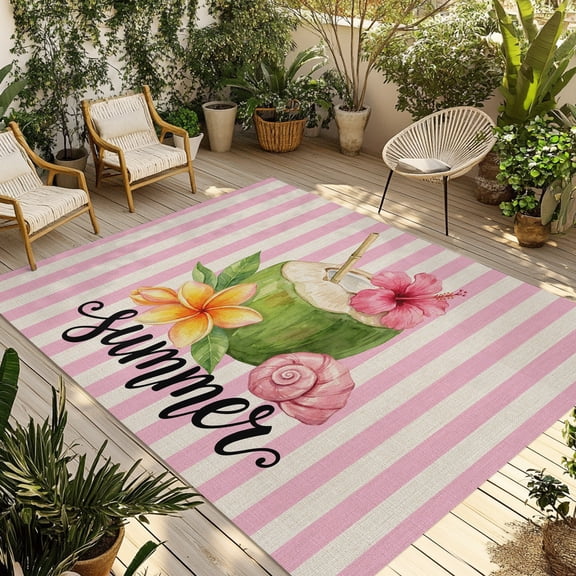 Summer Botanical Outdoor Area Rug 4x6ft Decorative Indoor Outdoor Rug Coconut Frangipani Pink Stripe Beige Patio Area Rug for Porch, Deck, Balcony, Entryway, Camping & RV