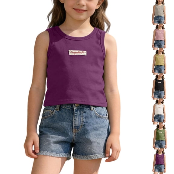 Eltusu Girls Cotton Tanks Tops, Summer Soft Crewneck Casual Sleeveless T-Shirts Purple Size 6 T