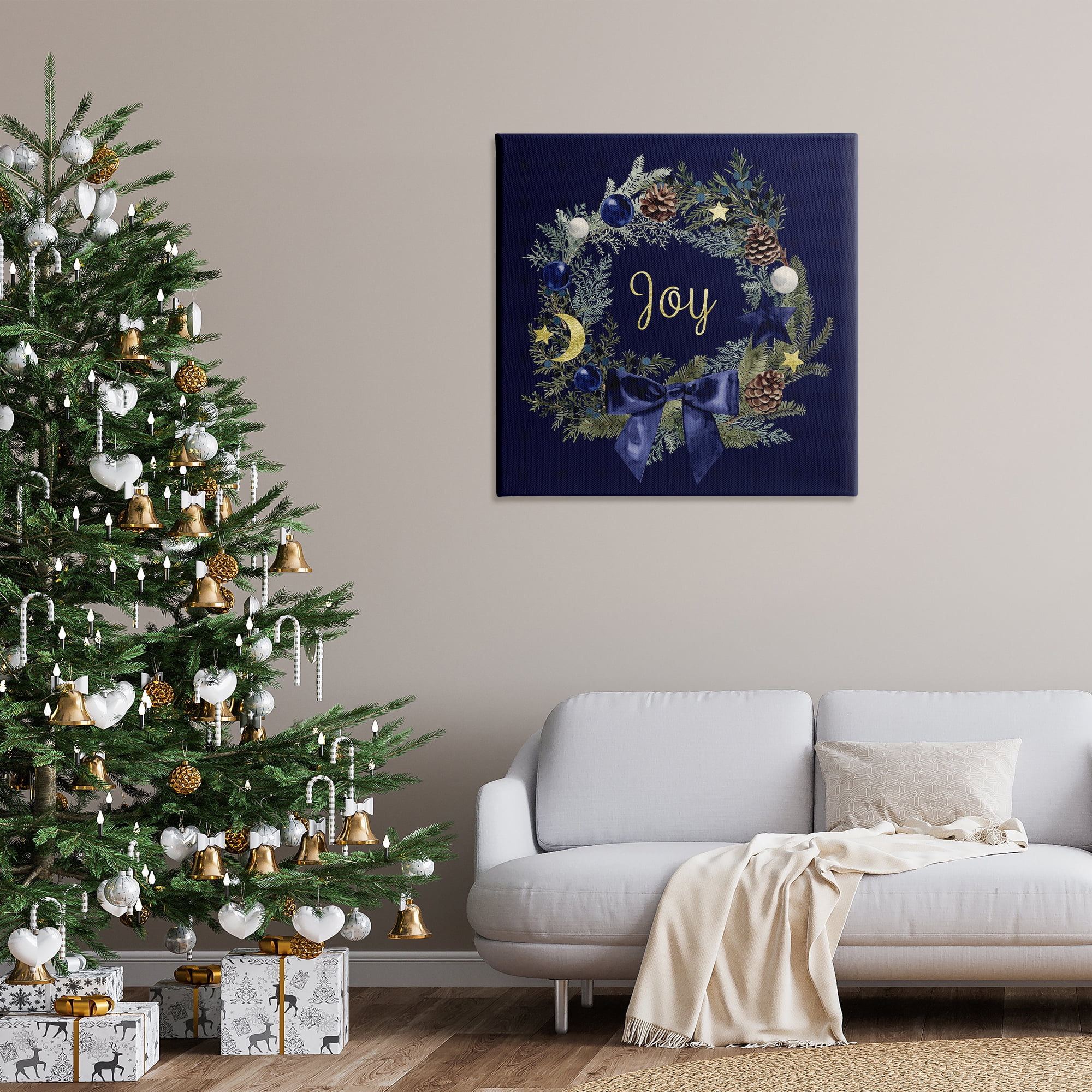 Stupell Industries Joy Holiday Wreath Holiday Painting Gallery Wrapped Canvas Art Print Wall Art, 36 x 36