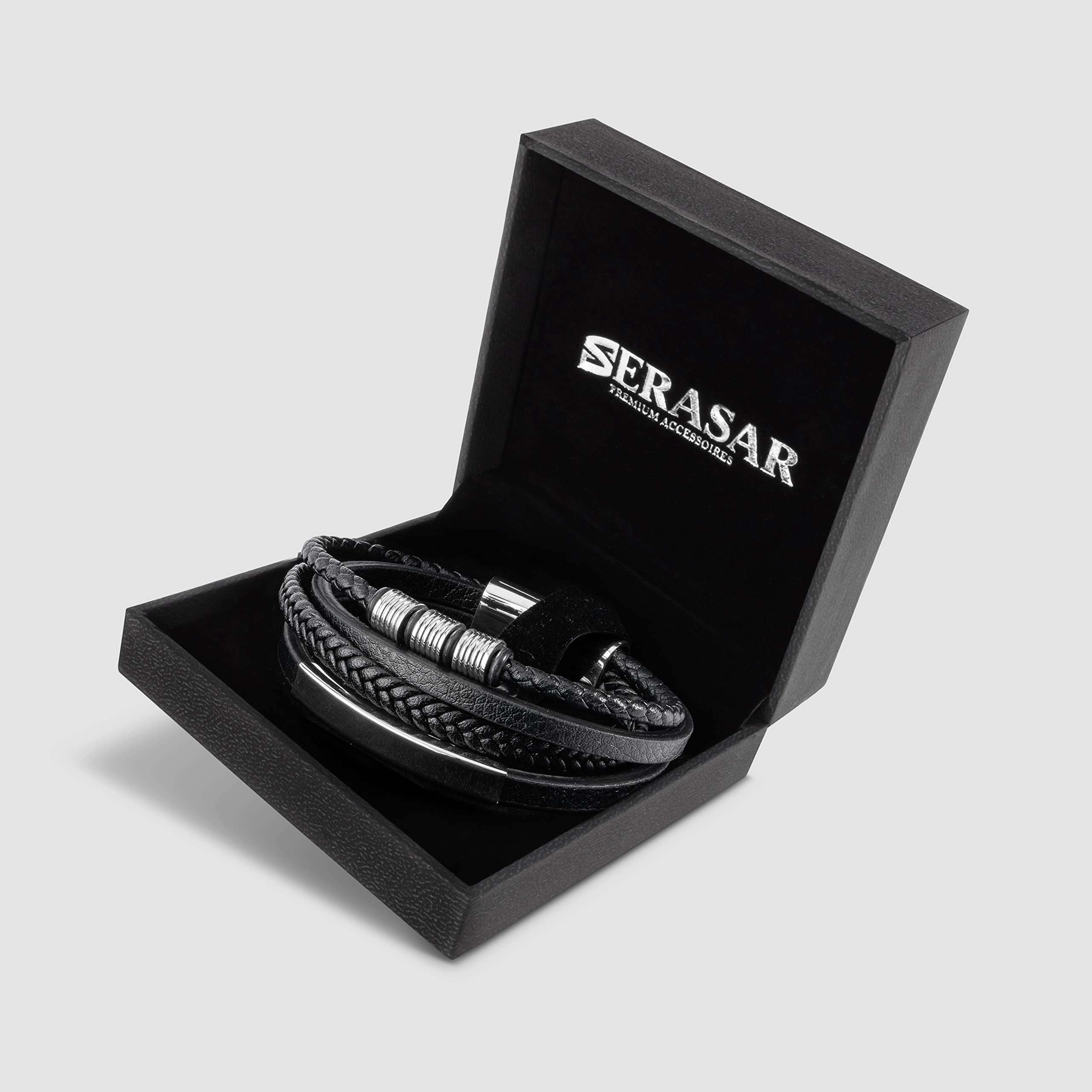 SERASAR Leather Bracelet for Men "Brave" with stainless steel magnetic closure, Silver 20cm, including gift box
