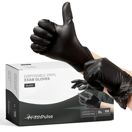 Fifth Pulse Vinyl Gloves, Multifunction Medical Grade Exam, Kitchen Gloves, All-Purpose Industrial Disposable Gloves Latex Free, Powder Free - Black - Box of 100 Gloves (XL)