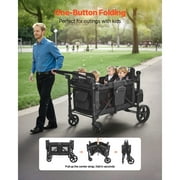 KFFKFF Four-Child Buggy, Adjustable Handle Quad Folding Carriage, Safety Straps & Detachable Shade, Quad Seating Buggy for Outdoor Activities, Charcoal Grey & Ebony (330LBS Capacity)