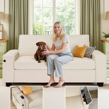 Lofka 71" Cloud Sofa Couch for Living Room, Chenille Loveseat with 8.3”Wide Storage Armrest, USB/Type-C Charging & Supports 900Lbs, Removable Cover Couche for Small Space,Apartment, White