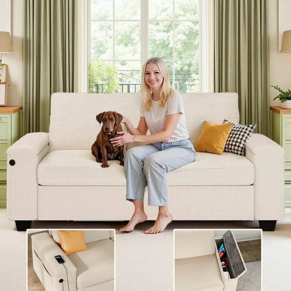 Lofka 71" Cloud Sofa Couch for Living Room, Chenille Loveseat with 8.3”Wide Storage Armrest, USB/Type-C Charging & Supports 900Lbs, Removable Cover Couche for Small Space,Apartment, White