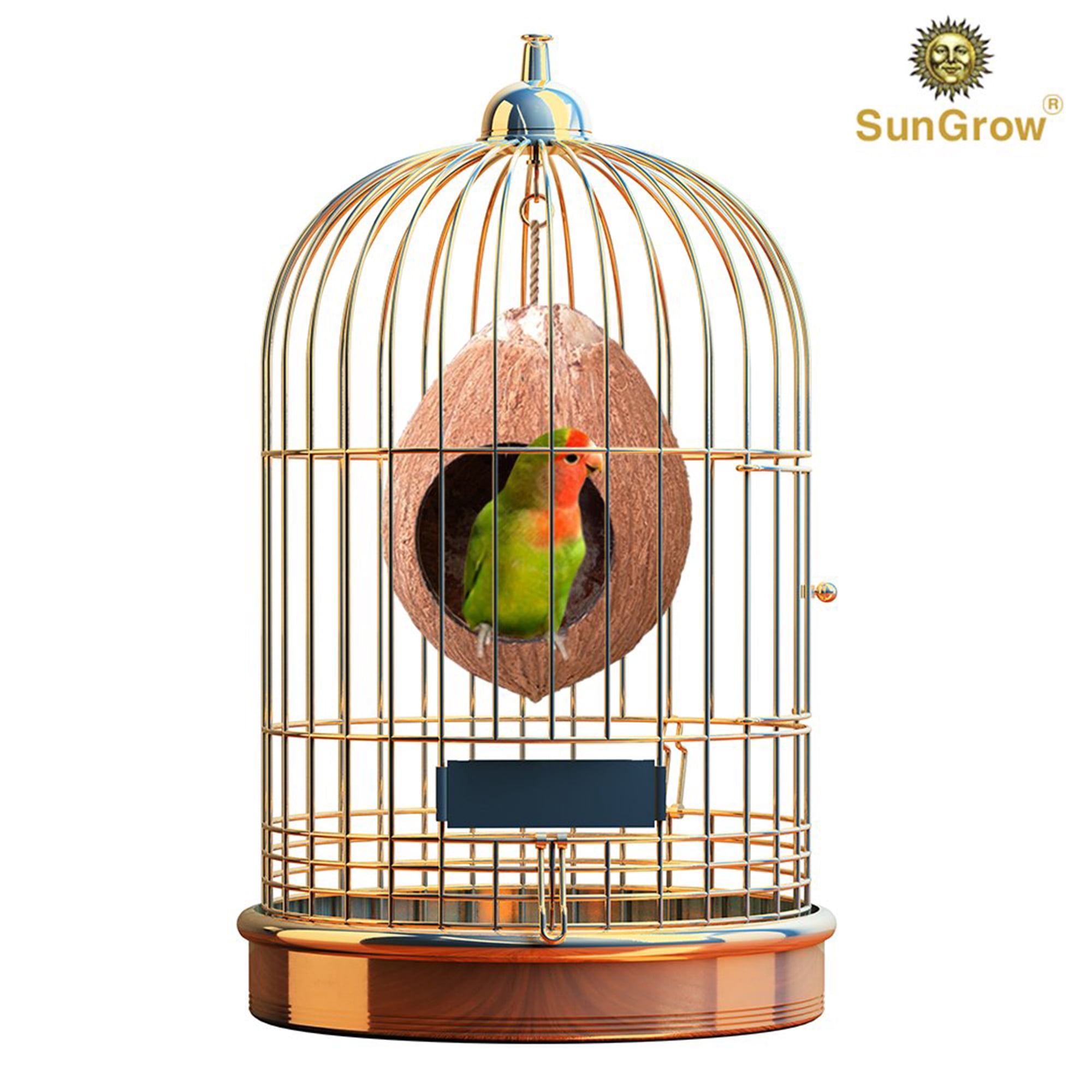SunGrow Finch & Budgie Coconut Shell Breeding Nest & Bird Seed Storage, Shelter from Cold Weather & Tropical Garden Decor