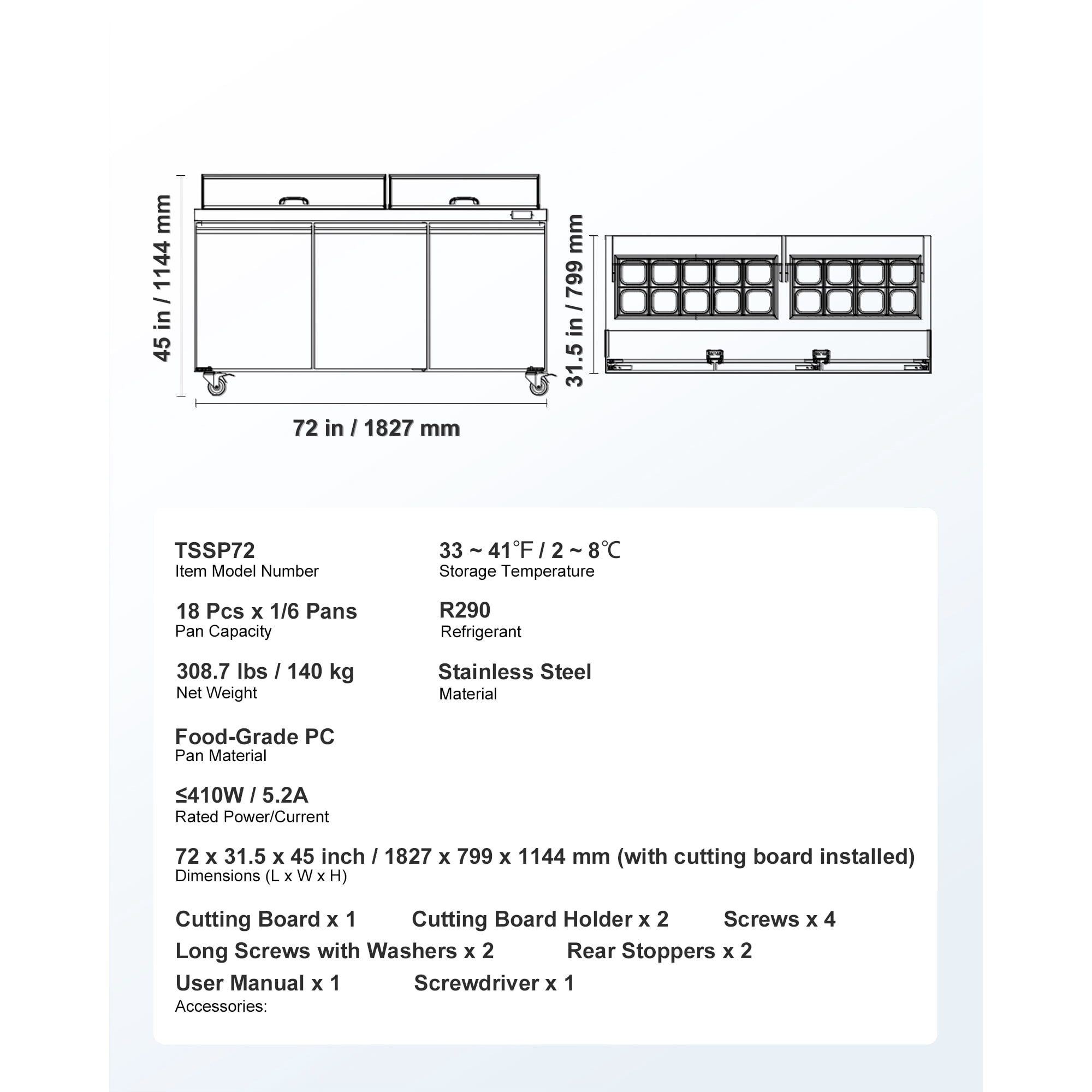 KFFKFF 72"W Commercial Refrigerator, 18.7 Cu. Ft Sandwich Prep Table, Food Prep Fridge with 18 Pans and Cutting Board, Stainless Steel Salad Prep Cooler for Restaurant and Food Truck