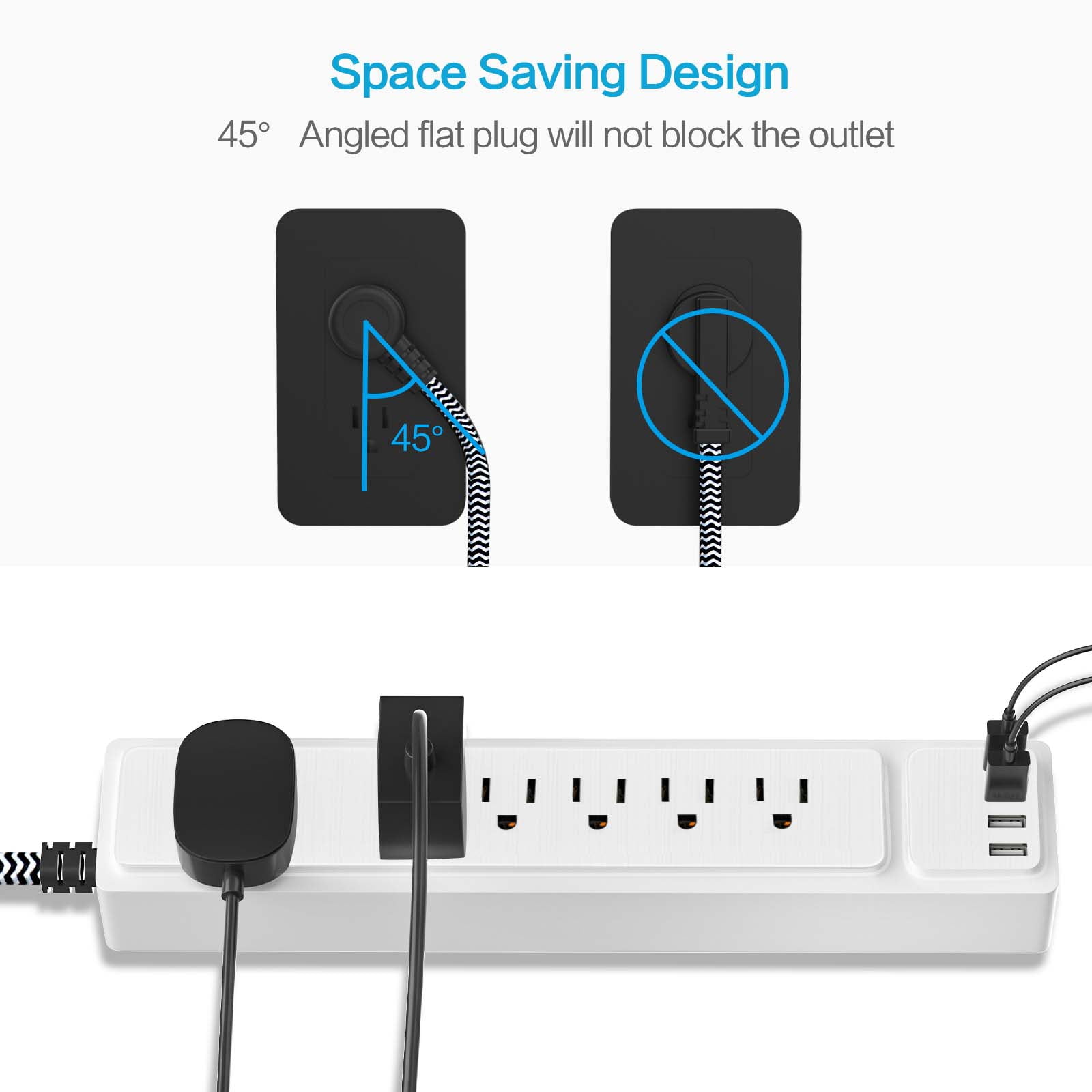 6 Outlet Surge Protector Power Strip with 4 USB Ports (900J), Wide Spacing, Wall Mountable, 1250W - Fireproof Safety