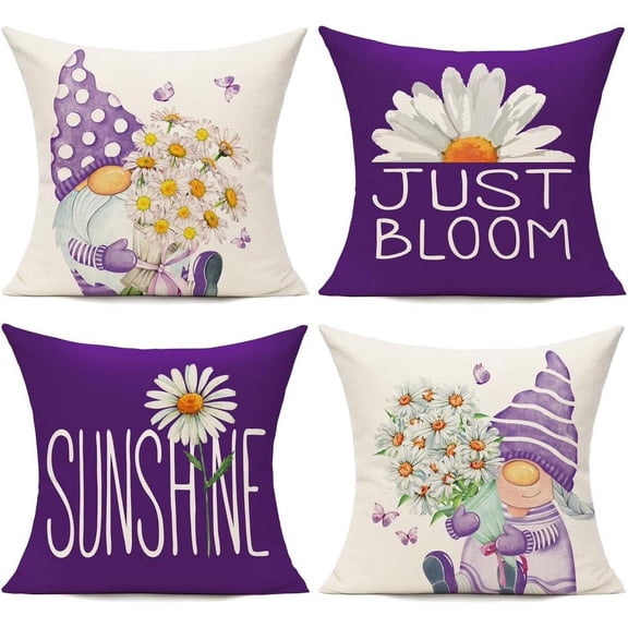 Ryan Purple Throw Pillow Covers 12x20 Set of 4 Outdoor Spring Summer Decorative Cushion Cases Home Décor Decorations for Patio Couch Chair Sofa,Daisy Floral Gnomes