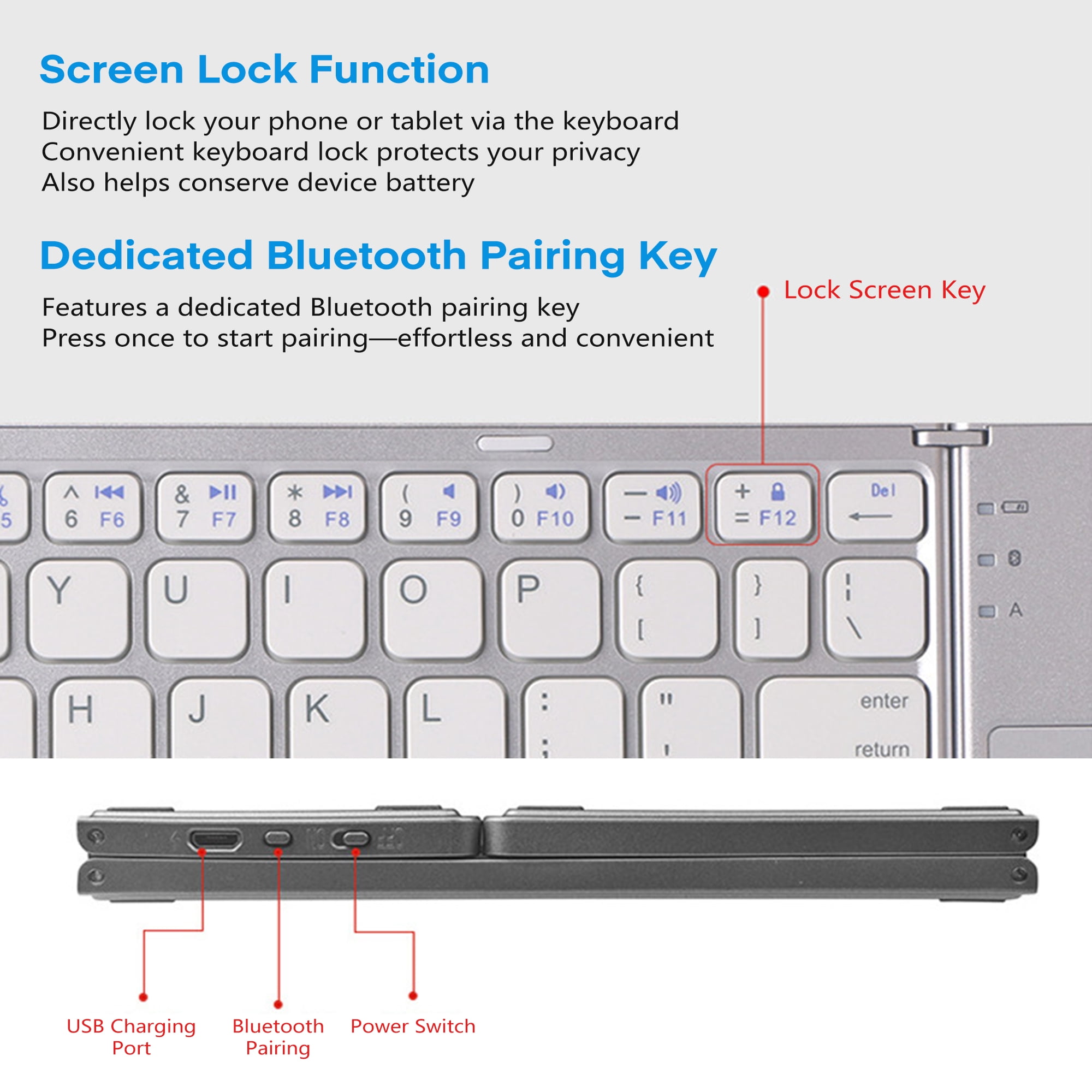 Kitgody Triple-Fold Bluetooth Keyboard with Touchpad, Portable & Silent Mini Keyboard for Windows, iOS Android, USB-C Rechargeable, Compact for Travel Laptop Tablet(Gray)
