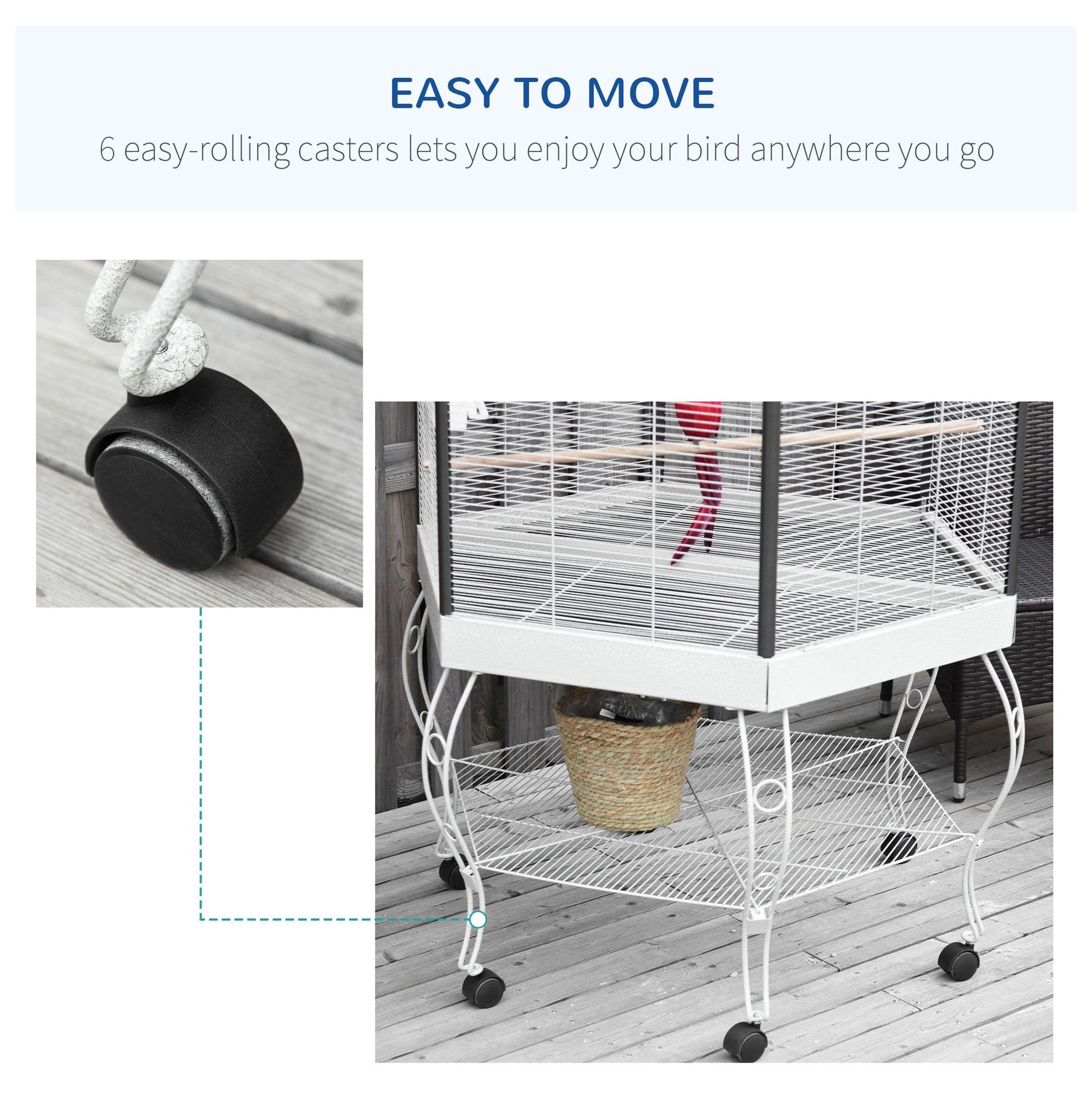 77" Bird Cage, Hexagon Aviary with Canopy & Stand, Portable Bird Cage with Storage, Gray & White