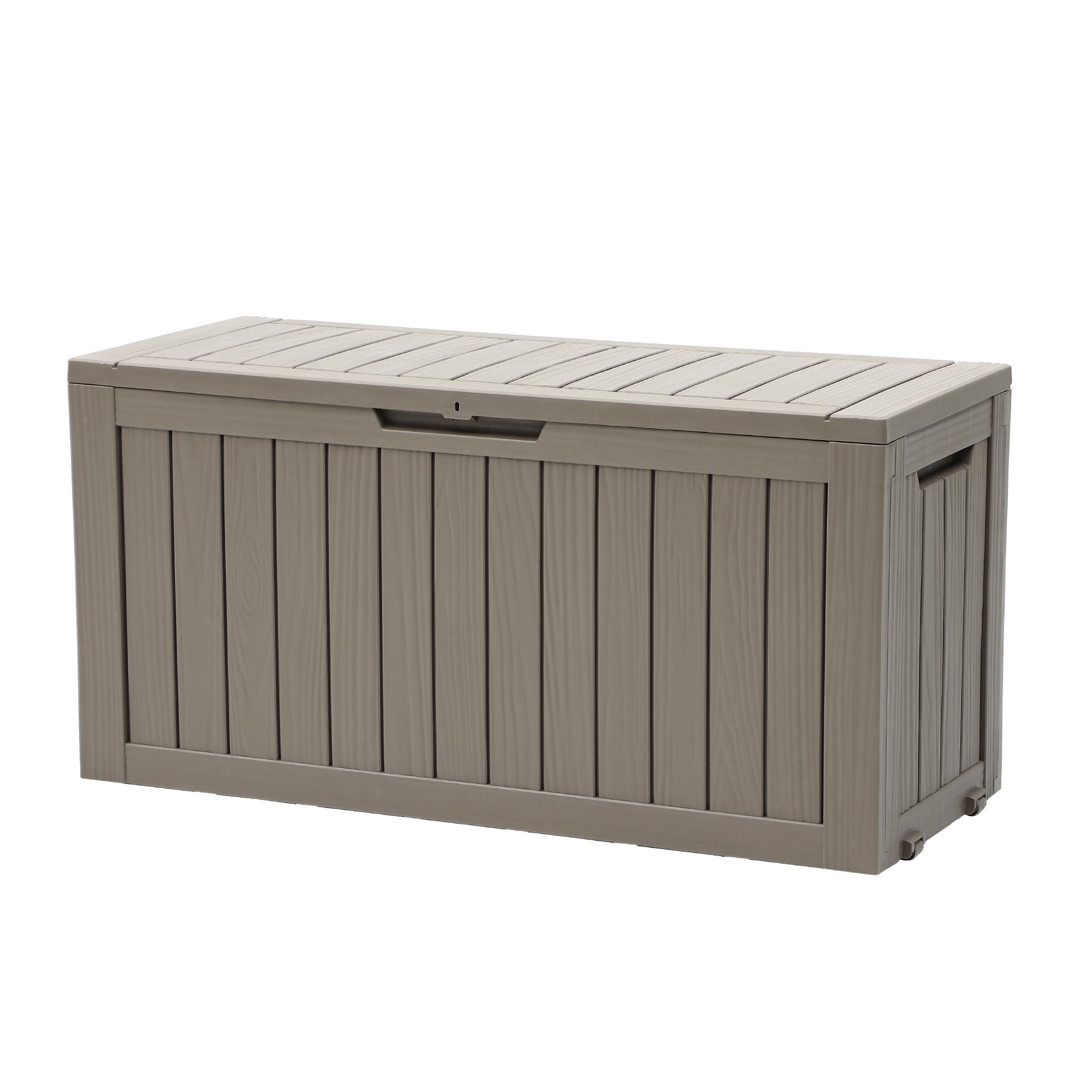 Dextrus 72 Gallon Weatherproof Resin Deck Box with Wheels, Mobile Lockable Outdoor Storage Bin, Durable Patio Organizer for Cushions, Garden Tools and Sports Equipment, Light Brown
