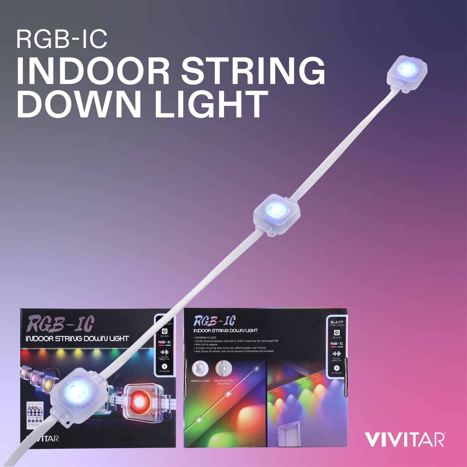 Vivitar 16.4FT RGBIC LED Strip Lights Color Changing, Sound Reactive LED Light Strip with Remote for Bedroom, Gaming Room, Ceiling & Wall