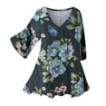 thumbnail image 2 of Sakmal Elbow-Length Tops for Women Trendy V-Neck Blue Floral Loose Fit Flowy Oversized Shirts for Ladies, 2 of 7
