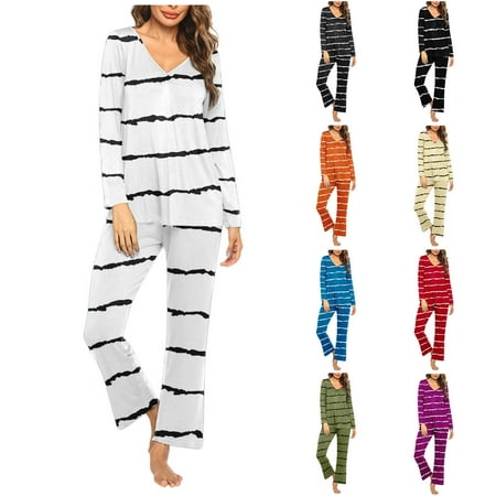 VBTAPA Women's Pajama Sets Striped Print Long Sleeve V Neck Tops and Pants 2 Piece Pjs Set Matching Lounge Sets Soft Comfy Sleepwear Prime Sales Today Army Green L