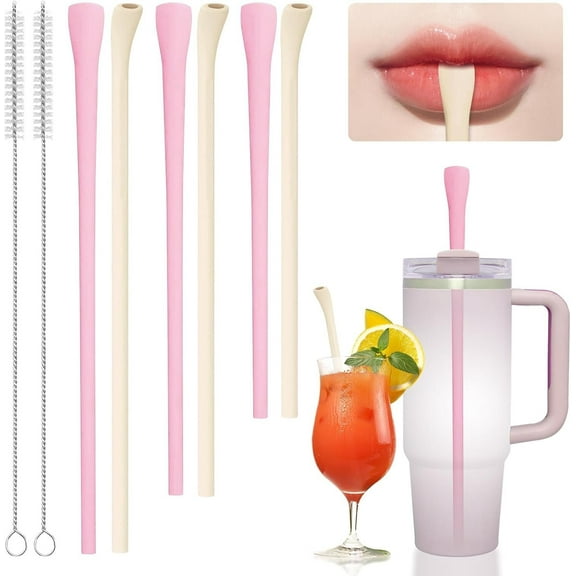 GoXteam 6 Pcs Anti Wrinkle Straw, Reusable Straw for 40 oz 30 oz 20 oz Cup, Flexible Wrinkle Free Drinking Straws with Cleaner Brush, Replacement Silicone Straws for Cup (Beige and Pink)