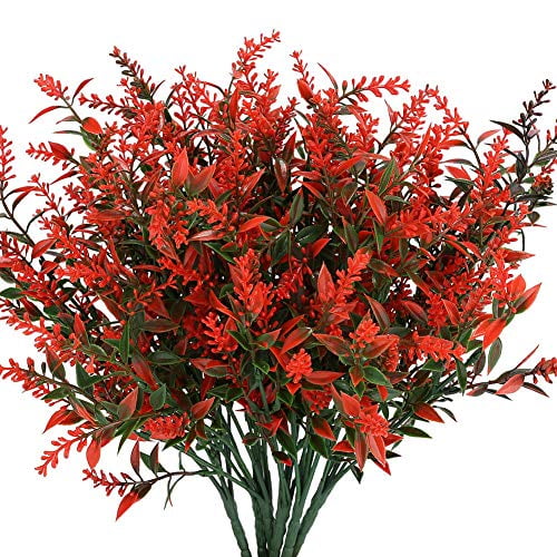 KLEMOO Artificial Lavender Flowers Plants 8 Pieces, Lifelike UV Resistant Fake Shrubs Greenery Bushes Bouquet to Brighten up Your Home Kitchen Garden Indoor Outdoor Decor(Orange Red)
