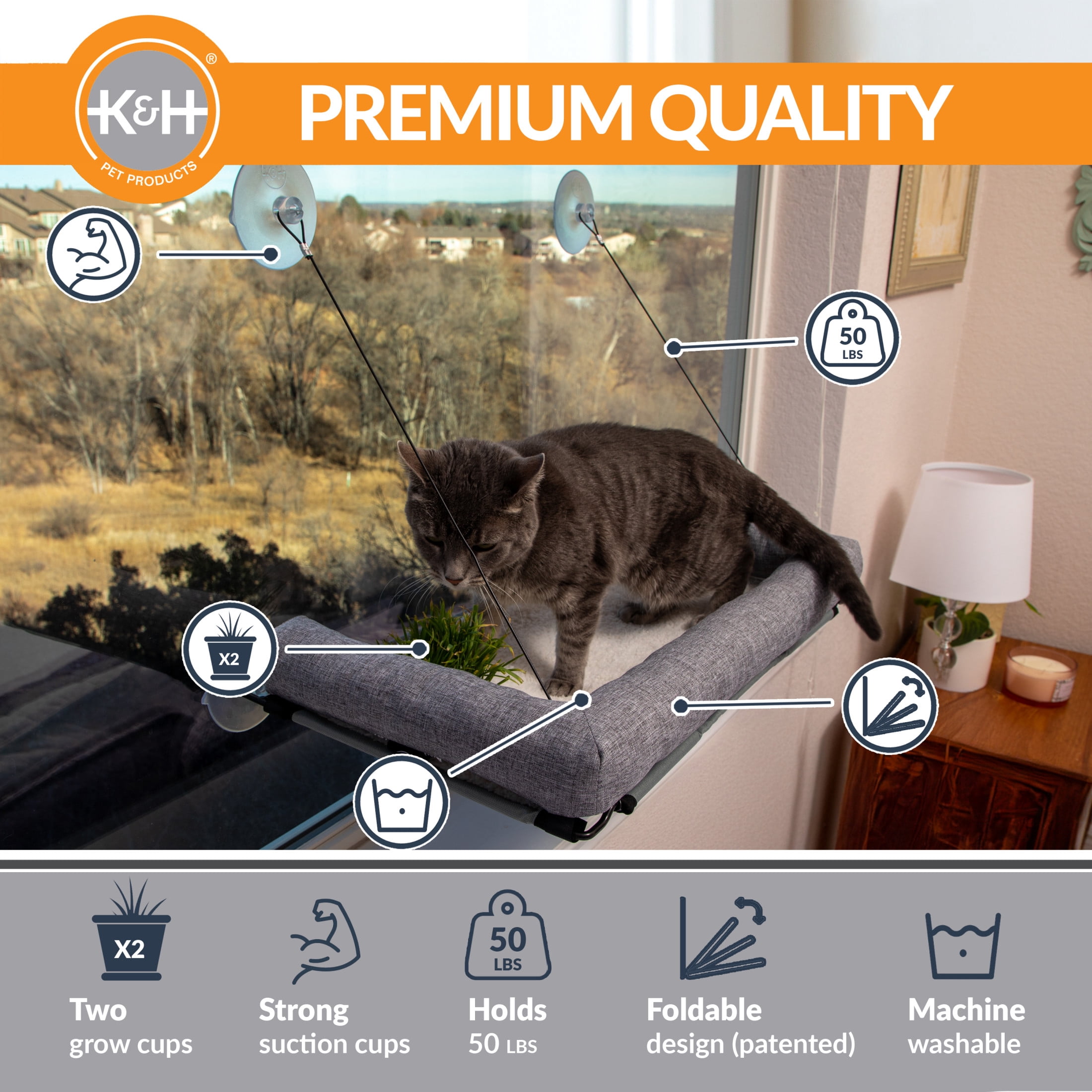K&H Pet Products EZ Mount Deluxe Bolstered Window Kitty Sill Cat Perch with Cat Grass Grow Station Gray 23 X 12 Inches