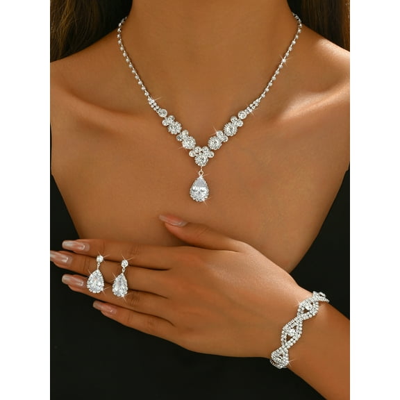 Sdmnsg-T Rhinestone Bridal Wedding Jewelry Set Silver Necklace Earrings Sets Tassel Prom Formal Costume Jewelry Sets for Women and Brides