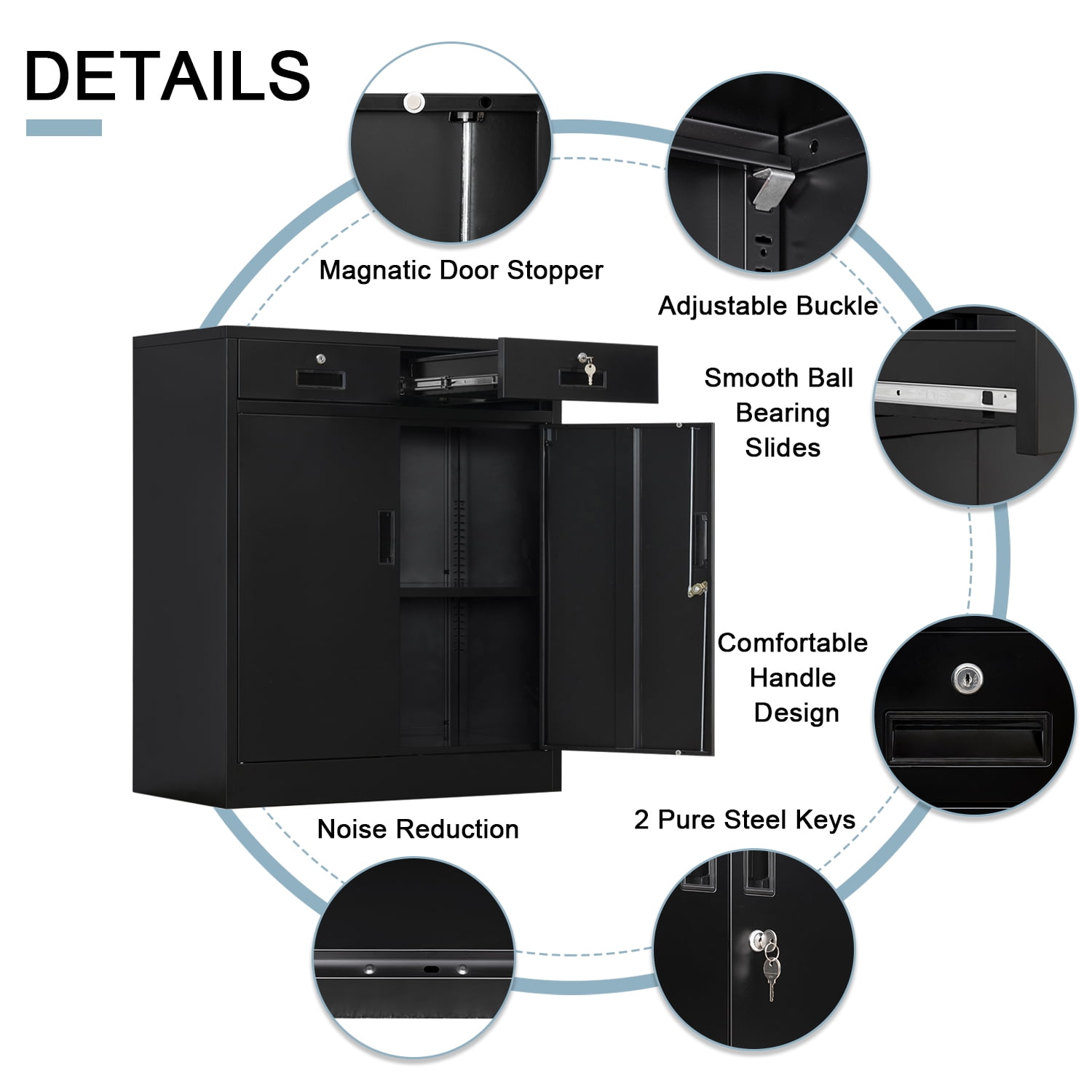 Metal Storage Cabinet with 2 drawers. Lockable Steel Storage Cabinet with Doors and Shelve, 37”H Office Cabinet for Home, Garage, Warehouse with large storage space. (Black)