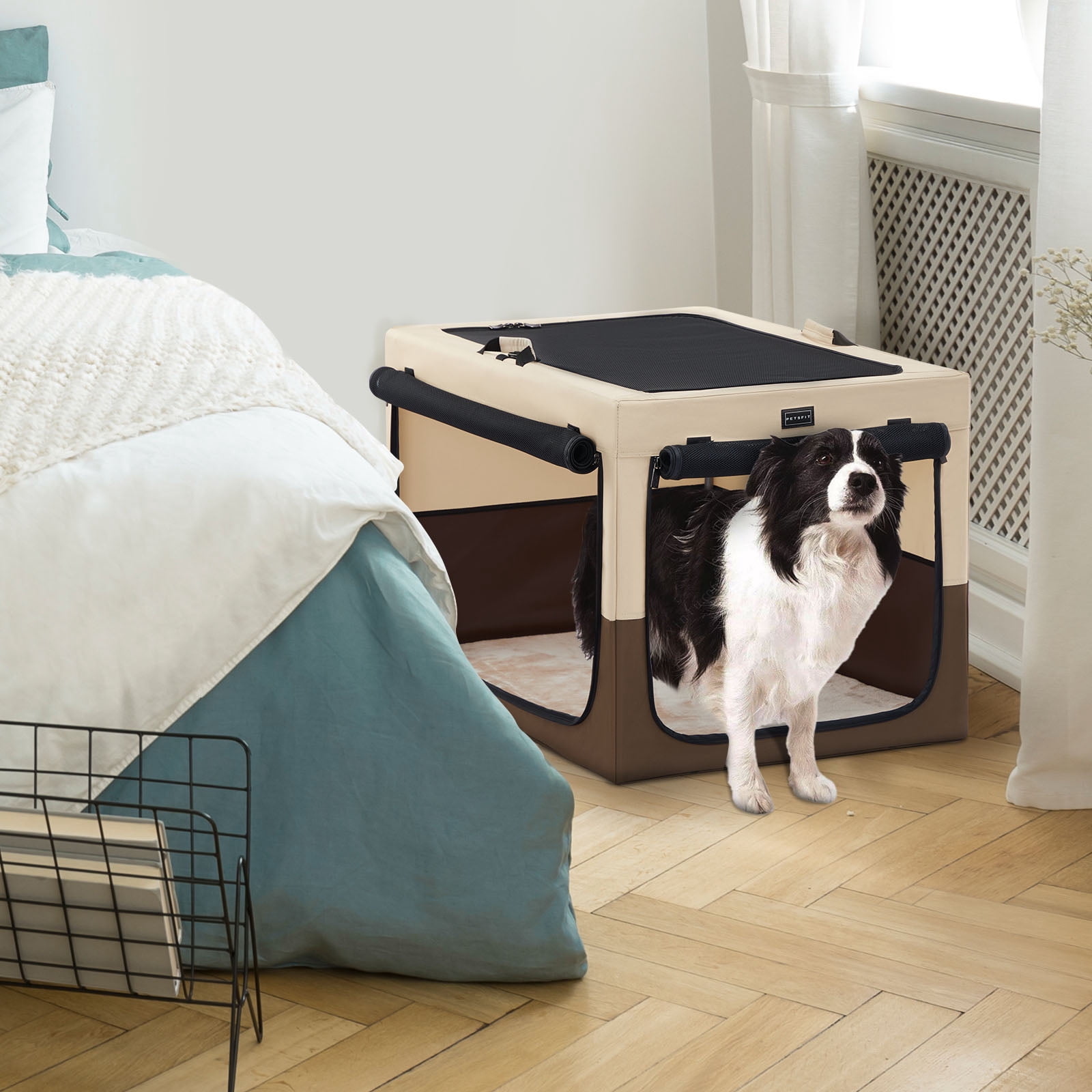 PETSFIT Collapsible Dog Crate, Portable Dog Crate - 30 Inch Easy Set-up, Light, Sturdy, Comfy Inside with Thicken Mat, Soft Sided Crate for Home and Travel Brown