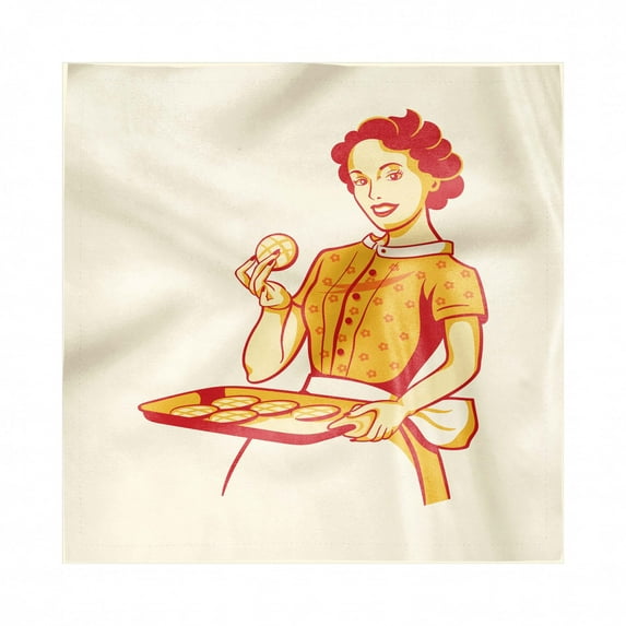 Vintage Woman Decorative Napkins Set of 4, Married Retro Housewife Serving and Eating Freshly Baked Cookies, Silky Satin Fabric for Brunch Dinner Party, 12", Orange Vermilion Beige, by Ambesonne