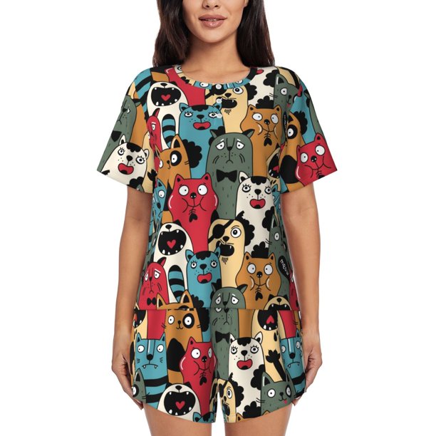 Fotbe Different Cats 1 Conjunto de Pijama Estampado para Mujer, 2 Piezas, Ropa de Dormir con Camiseta de Manga Corta y Shorts Suaves-Medium