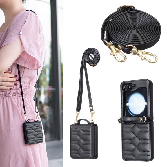 for Samsung Galaxy Z Flip 7 Case for Women Girls, PU Leather Slim Protective Cover with Wristband and Detachable Shoulder Strap, Elegant Shockproof Lightweight Phone Case Cover - Black