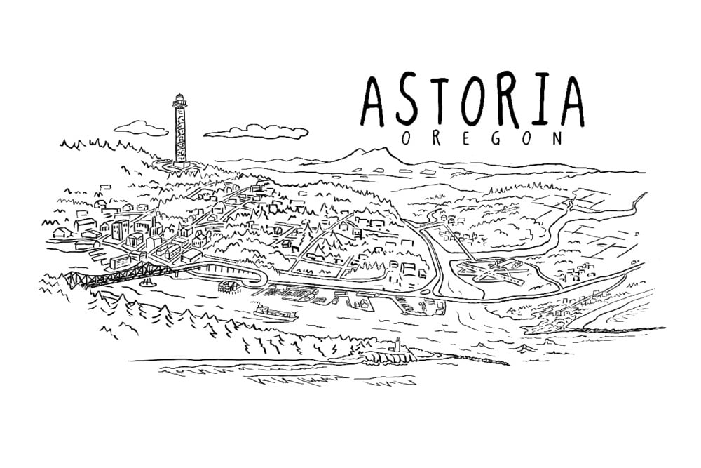 Astoria, Oregon, Line Drawing, Black and White (12x18 Wall Art Poster ...