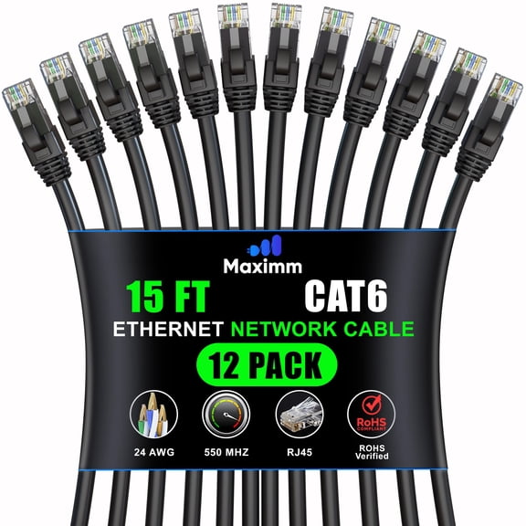 Maximm Cat 6 Ethernet Cable 15 Ft, (12-Pack) LAN, Internet, Patch and Network Cable - UTP (Black) 15 Feet Cord