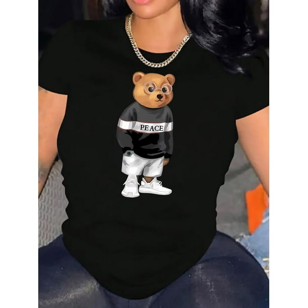 Camisetas con estampado para mujer, camisetas de manga corta de verano 2025, blusas casuales con cuello redondo para adolescentesWomen's Trendy Bear Print T-Shirt - Casual Crew Neck, Short Sleeve,