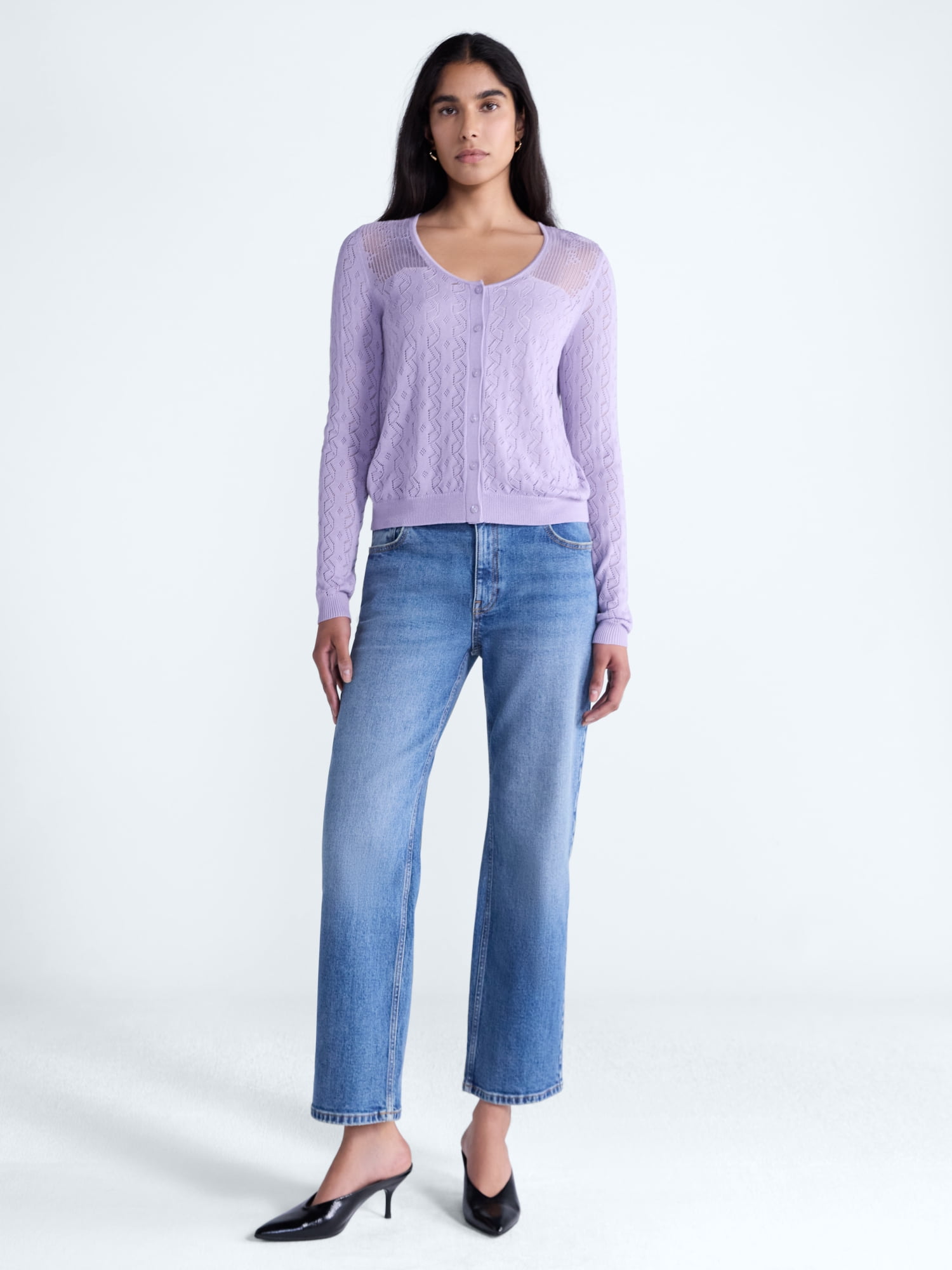 Scoop Women's Pointelle Knit Cardigan Sweater with Long Sleeves, Lightweight, Sizes XS-XXL