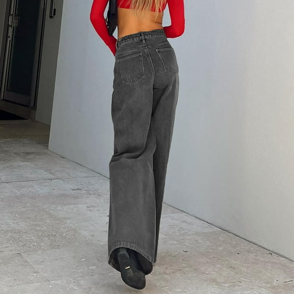 Tbopshirt Pants for Women Plus Size Women Casual Fashionable High-waisted Loose Wide Leg Button Zipper Hole Jeans Loose Causal Pants