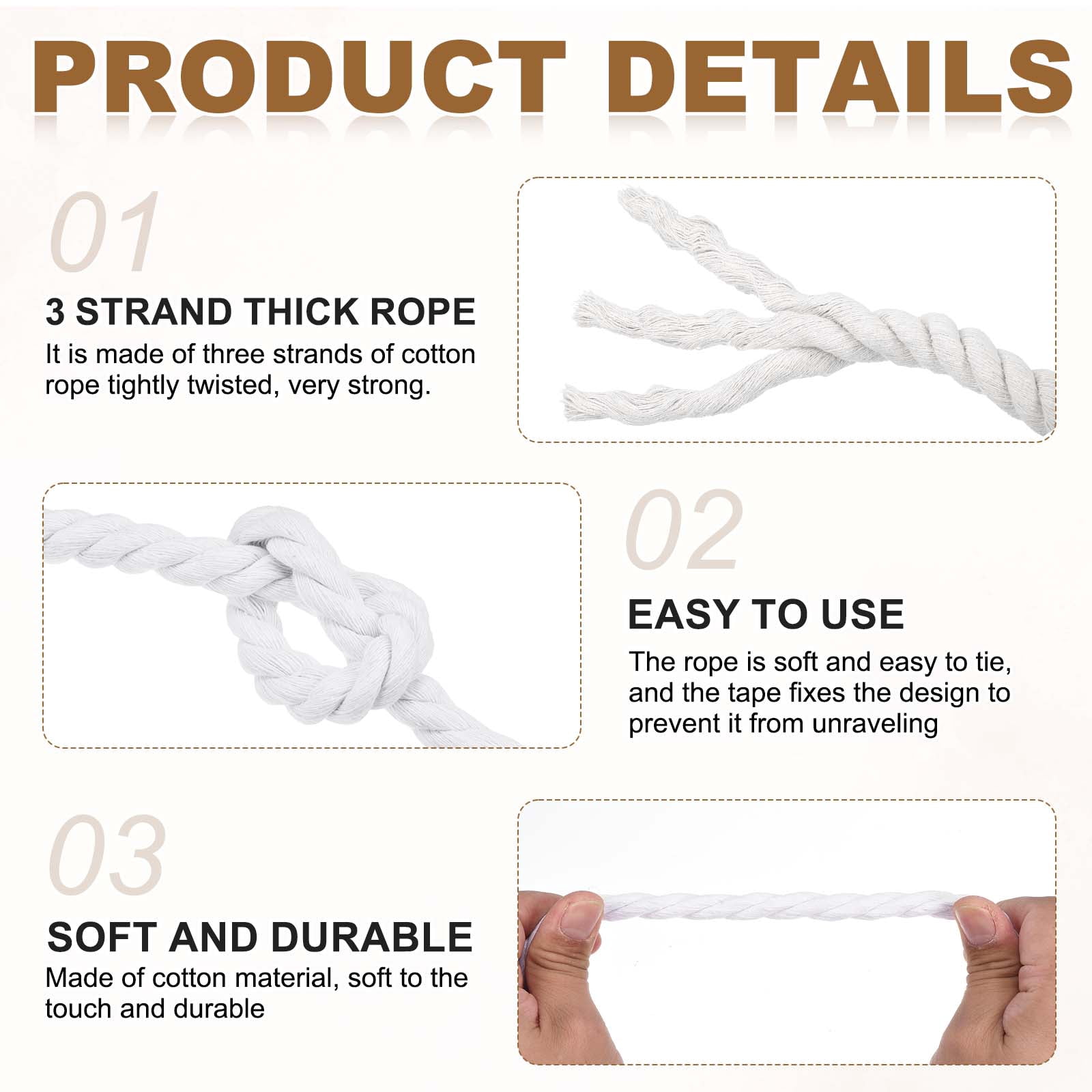Uxcell 0.59" x 14.8 Feet White Cotton Rope 3 Strand for DIY Wall Hanging Knotting