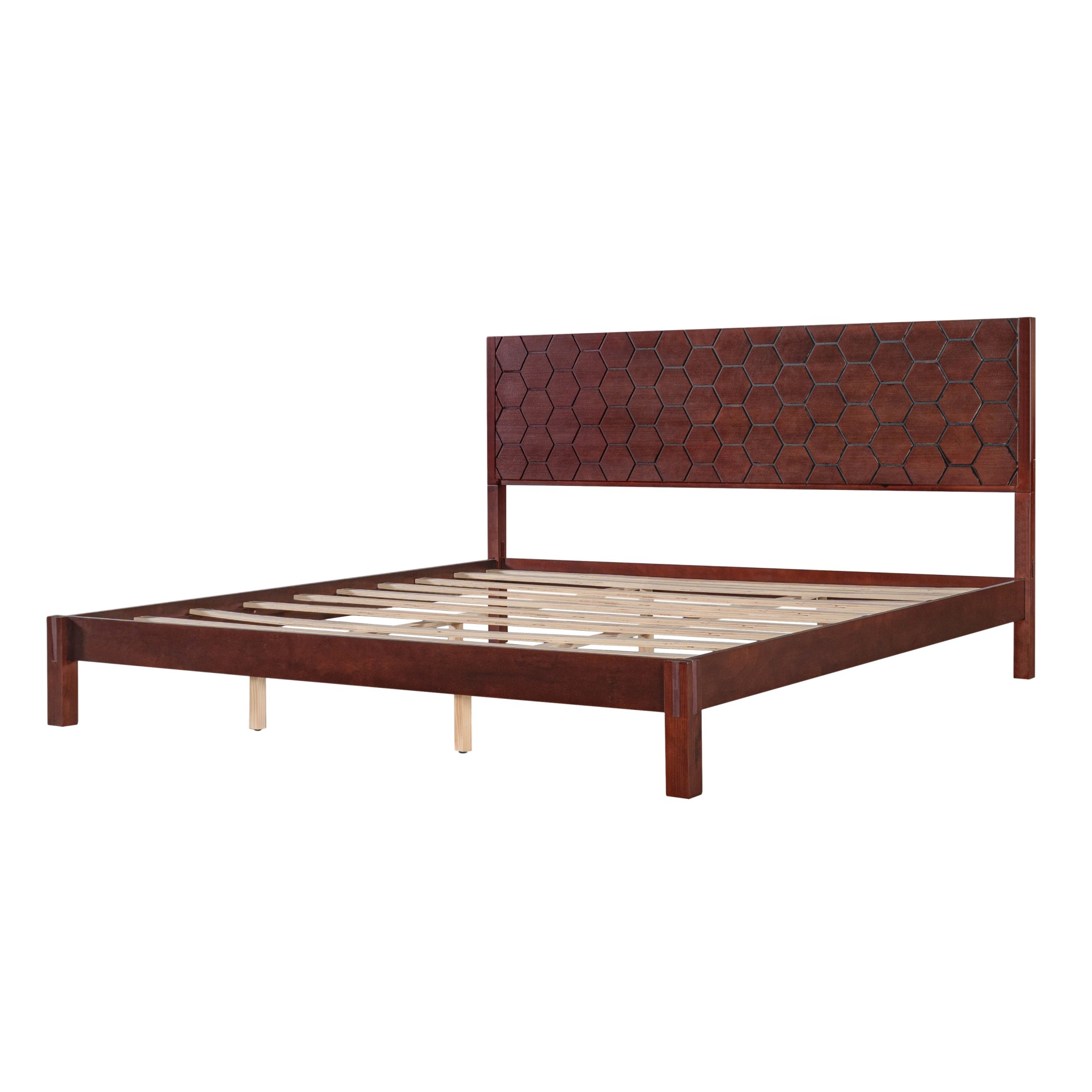 Christopher Knight Home Modern King Wooden Platform Bed Frame With Honeycomb Headboard, Walnut