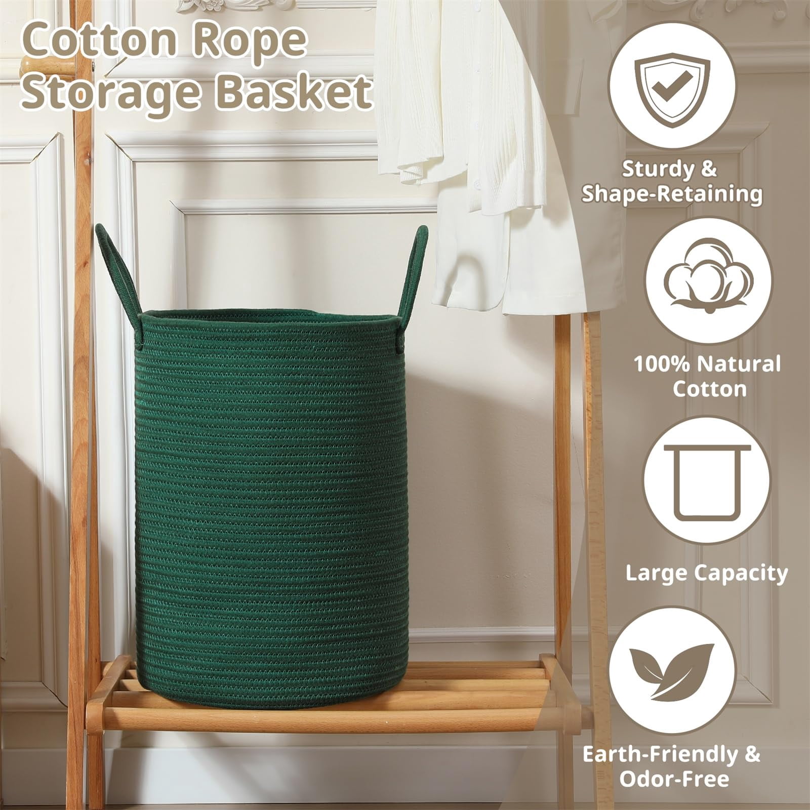 60L Large Woven Laundry Basket Hamper, 100% Natural Cotton Rope, Handwoven & Durable, Storage for Blankets, Toys, Clothes, Nursery Hamper for Living Room, Baby Room, Bedroom (Brown and White)