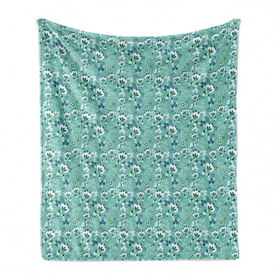 Floral Soft Flannel Fleece Throw Blanket, Tulips Inspired Flower Motifs Berries Branches Leaves, Cozy Plush for Indoor and Outdoor Use, 50" x 70", Seafoam Petrol Blue, by Ambesonne