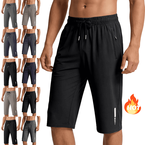 Mifsaly 3/4 Jogger Capri Pants Men Quick-Dry Athletic Cropped Pant With Zipper Pockets Breathable Training Gym Workout Running Sportswear XXL