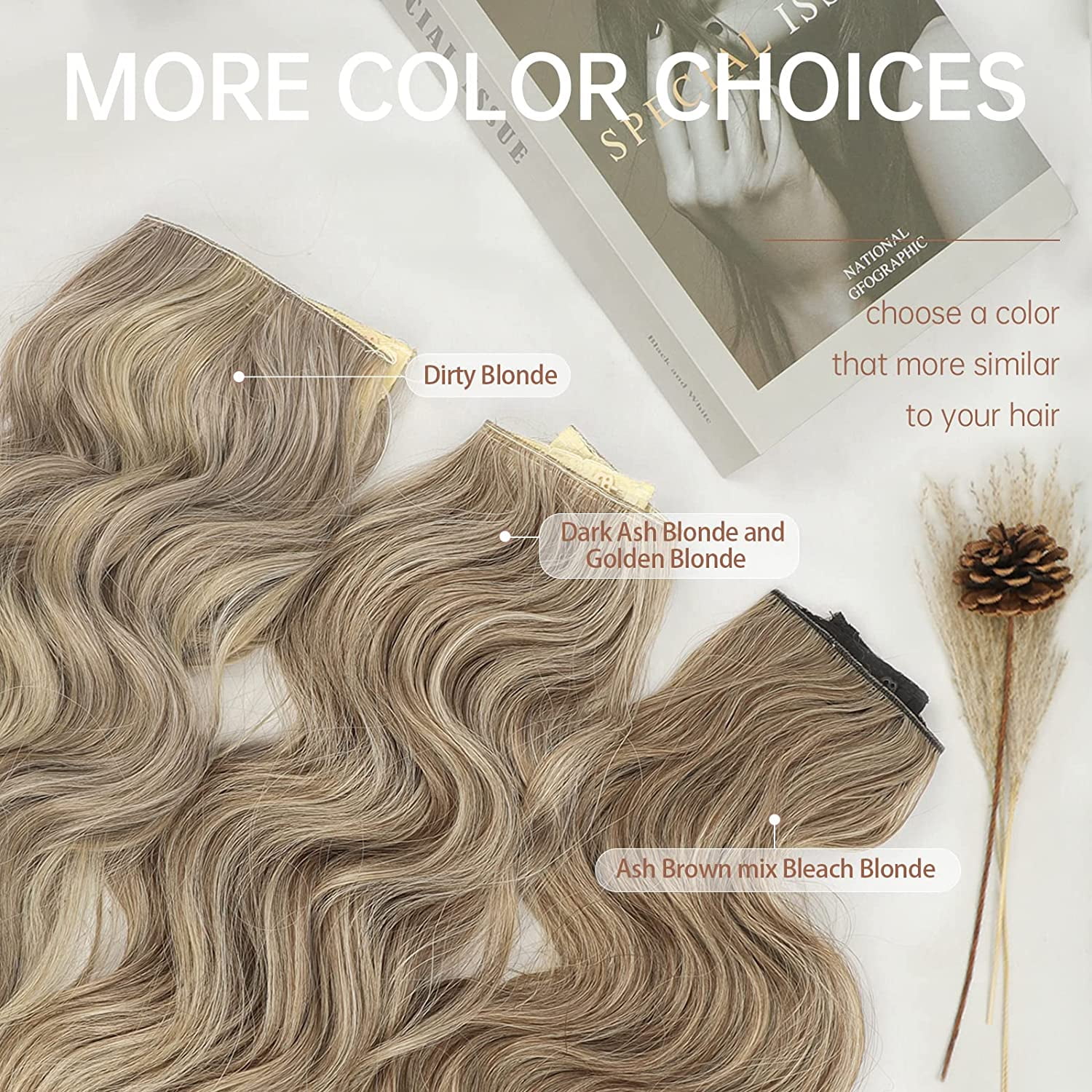 Invisible Wire Hair Extensions with Transparent Wire Adjustable Size 4 Secure Clips Long Wavy Secret Synthetic Hairpiece 24 Inch Ash Brown mix Bleach Blonde for Women