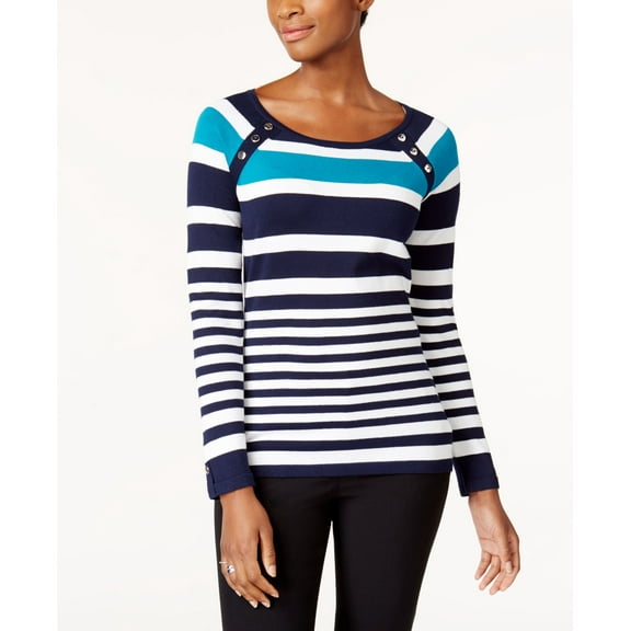 Karen Scott Striped Button Shoulder Sweater Blue Combo XL