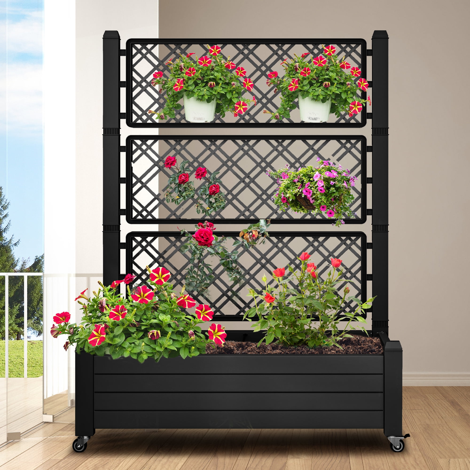 Uforic Large Planter Box Trellis, Outdoor Raised Garden Bed with Drain Plug and Lockable Wheels,for Climbing Plants, 3.6x1.5x5 FT-Black