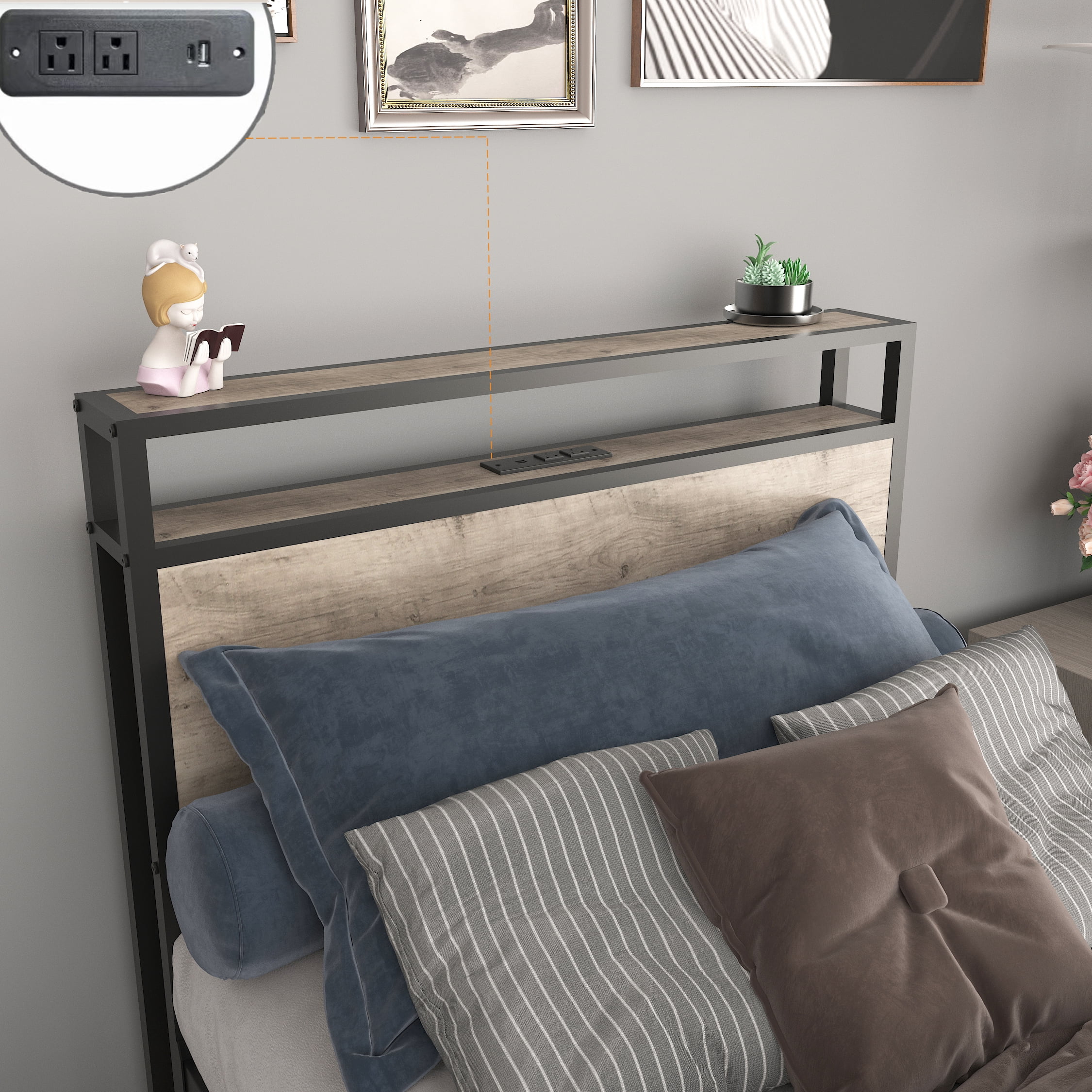 Miniyam Twin Size Bed with Storage Headboard, Charging Station for Teens, Gray