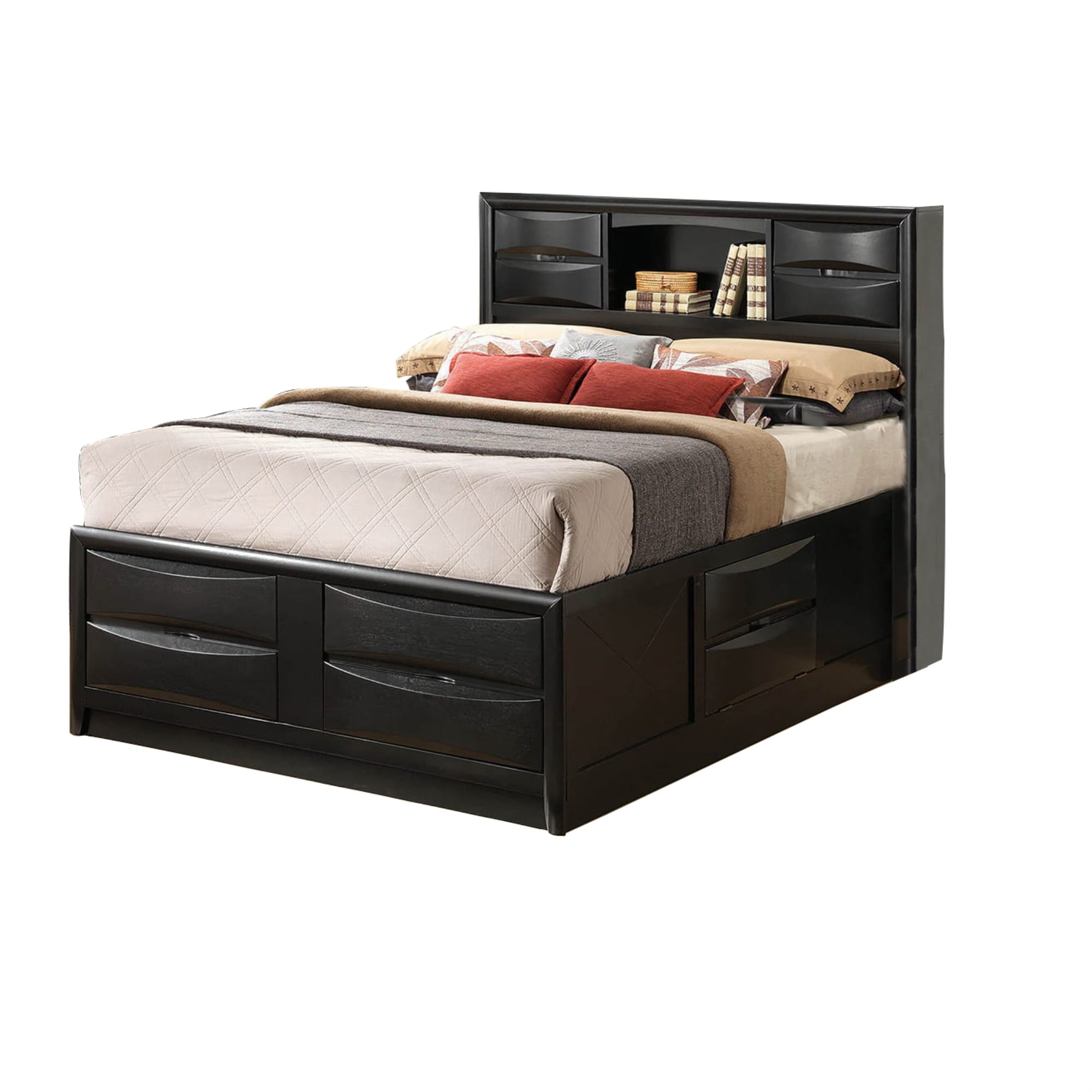 Wooden Queen Size Bed with Chamfered Drawer Fronts and Open Shelf